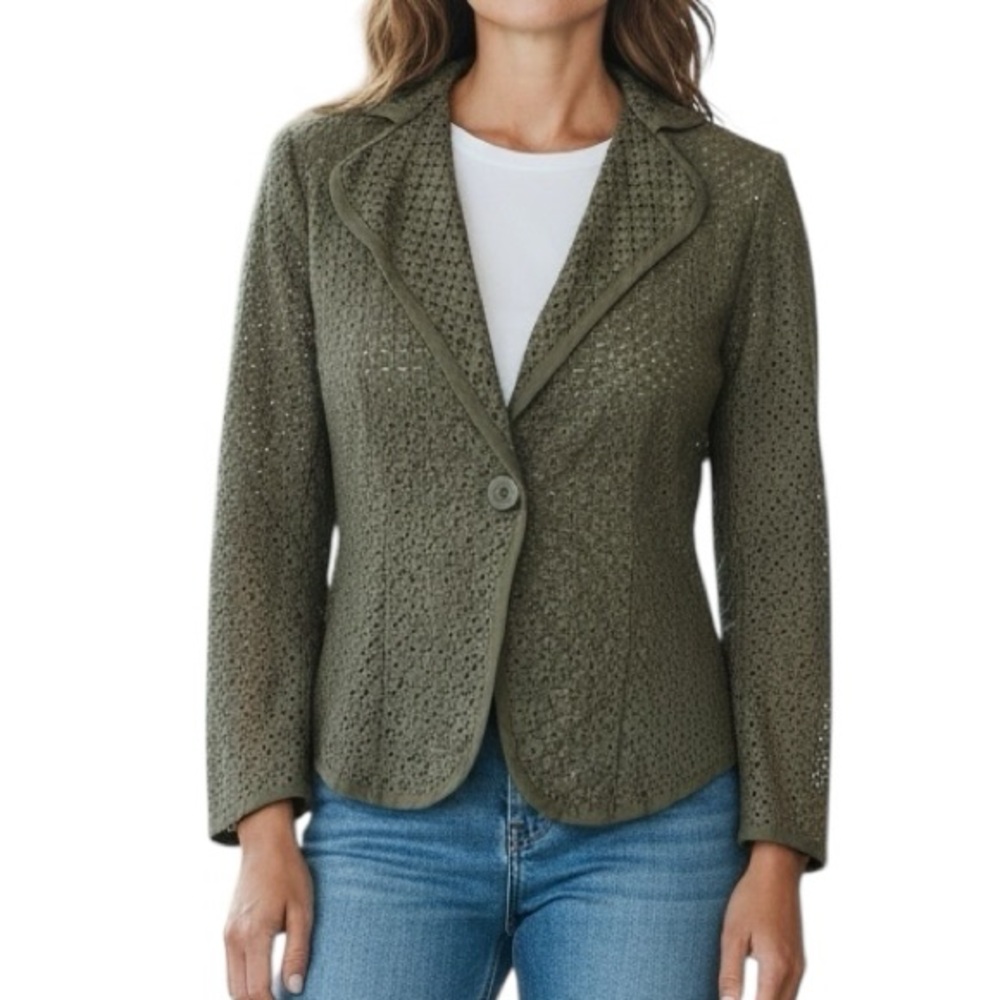Donna Degnan Jacket Chic Olive Eyelet Women's Blazer Size 2 Fitted Cotton